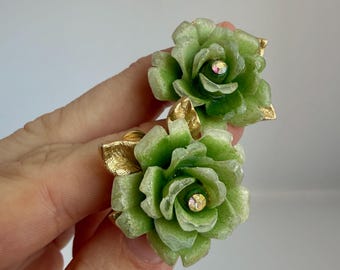 Pendientes vintage de clip con rosa verde claro y diamantes de imitación, años 80, pendientes llamativos