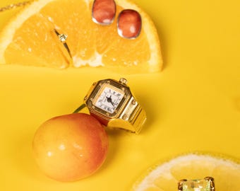 1980&#39;s Digits Stellar Gold Watch Ring, Japanese Quartz Movement, Working Finger Watch