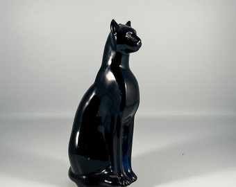 Vintage ‘Silvestri’ Black Amethyst Glass Sitting Cat Figurine / Baccarat-Style / Midcentury