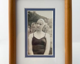 Framed 1940s Bathing Beauty Photo: Vintage Teak Wood Frame, Double-Matted