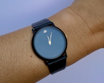 Vintage Wittnauer Black Leather Watch: Diamond Accent, Swiss Quartz