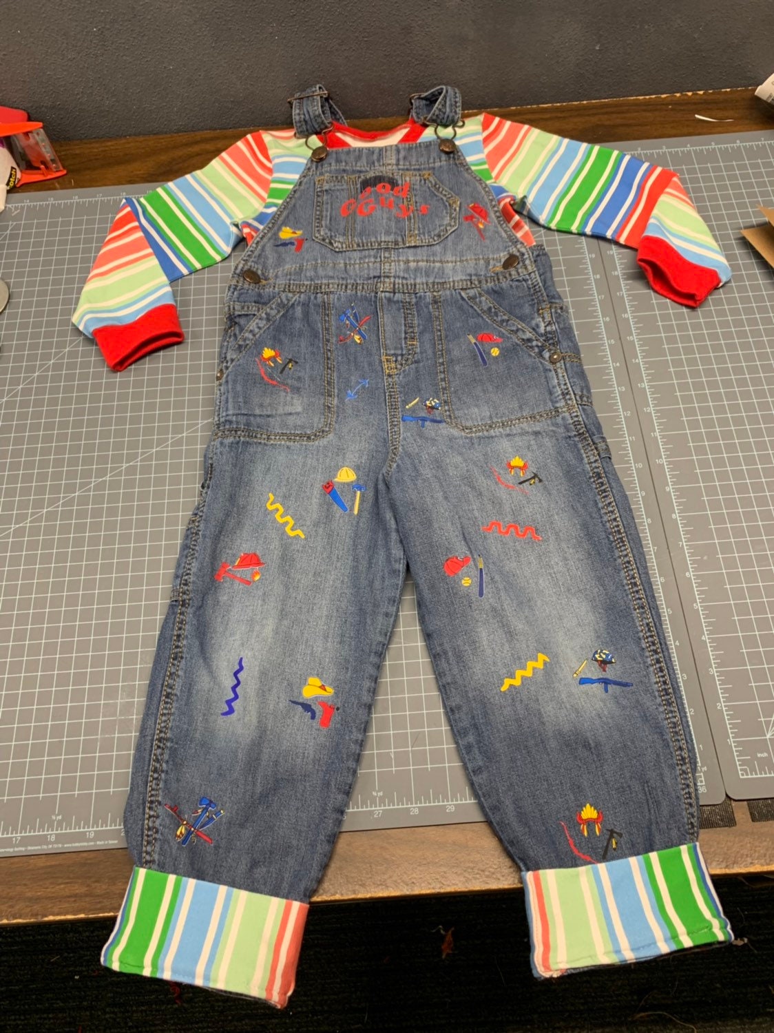 Chucky Good Guy Doll costume overalls decals with shirt cuffs | Etsy