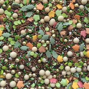 Forest, Fall, Autumn inspired woods sprinkle mix. Brown, Green & Gold Cake decorating, cupcake sprinkle mix | The Woodlands