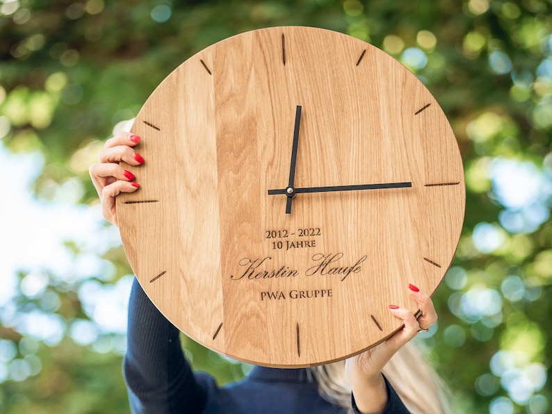 Oak Wood Wall Clock Engraved Personalised Custom Unique Family Wedding Gift image 1