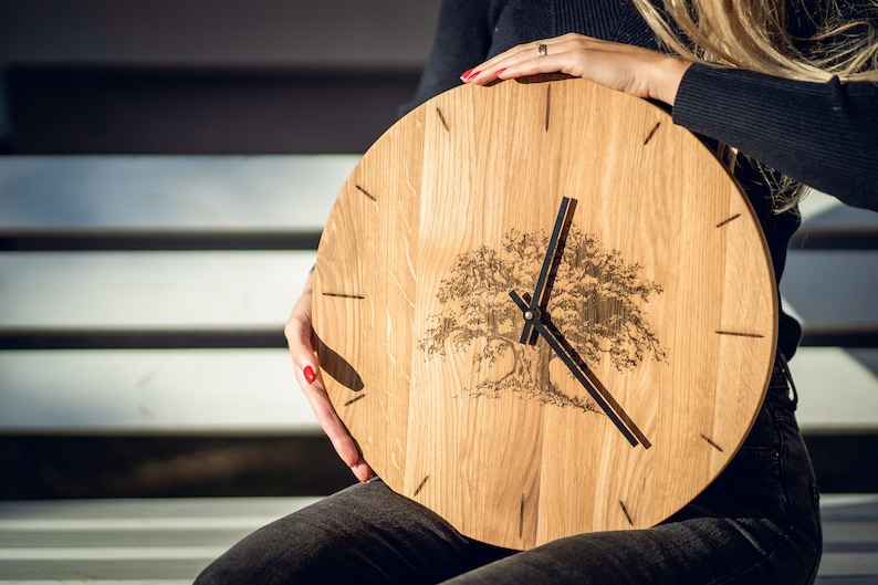 Oak Wood Wall Clock Engraved Personalised Custom Unique Family Wedding Gift image 8