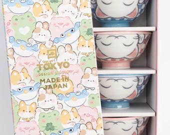Kawaii Lucky Cat Blue/Pink Ricebowl Giftset 4pcs