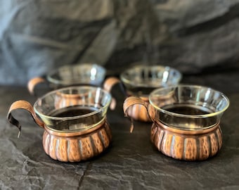 Vintage Germany Schott Mainz Jena Glas tea cups with handled copper holders - Set of 4. Ornate copper stamped glass. Used, excellent item.