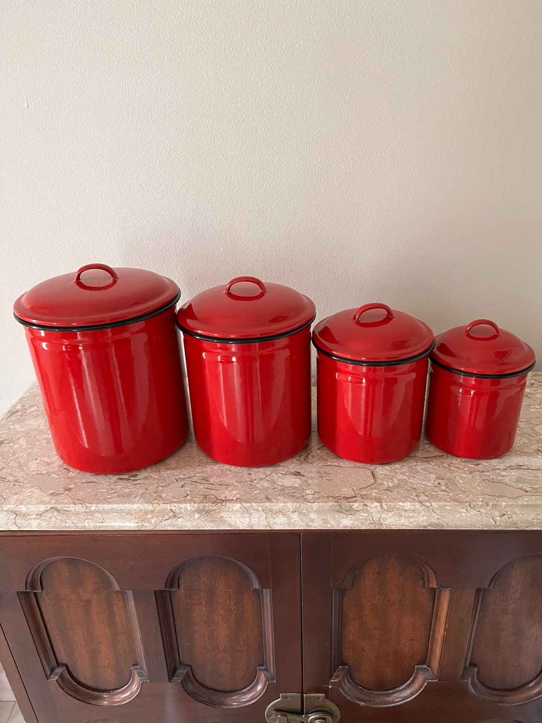 Vintage Enamelware Nesting Storage Containers Deep Red Enamel Etsy
