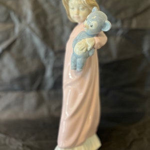 Vintage Zaphir Spain porcelain tall figurine Girl and Teddy Bear high gloss finish. No chips, excellent condition.