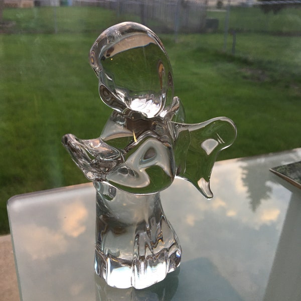 Vintage FM Ronneby Sweden solid art glass Angel with book and wings. Signed etched on the bottom. Clear glass. Excellent condition. 1980s.