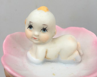 Porcelain Kewpie Baby Boy on Flower, Kew Pie, Kewpie Bisque