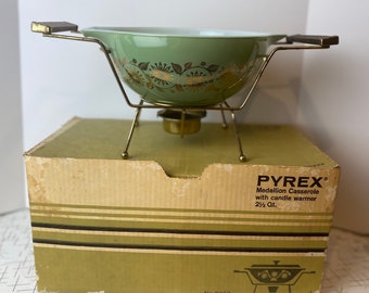 Pyrex Green Medallion Casserole Original Box and Cradle Warmer Vintage Pyrex