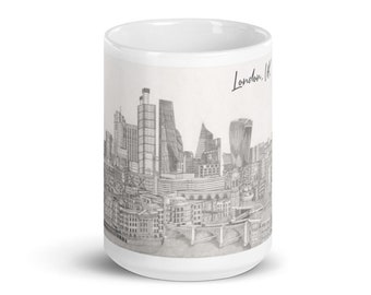 Unique coffee mugs emblazoned with city scape art: London UK