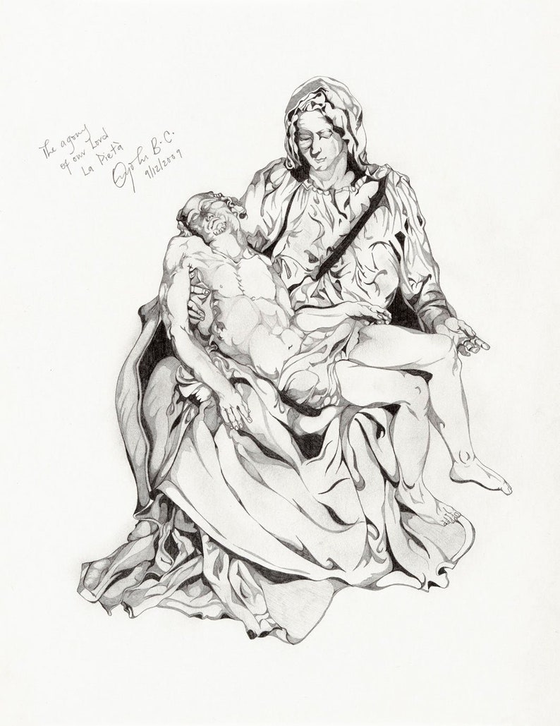 Michelangelo inspired Renaissance Art Pencil Drawing Print La Pieta image 1