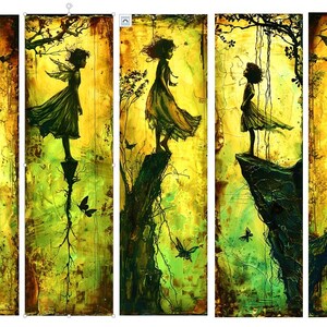 May include: A series of five vertical art panels depicting ethereal figures in flowing dresses standing on cliffs. The artwork features a warm color palette of yellow, green, and brown, with butterflies and a full moon adding to the mystical atmosphere.