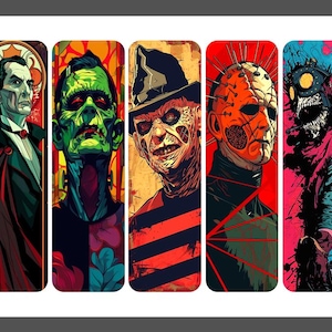 May include: A collage of five horror movie characters. The characters are Dracula, Frankenstein's Monster, Freddy Krueger, Jason Voorhees, and Leatherface. The characters are depicted in a colorful and stylized manner.