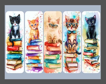 May include: Watercolor bookmarks featuring adorable kittens perched atop stacks of colorful books. Each bookmark showcases a different kitten, including a black and white, orange, and tabby cat, with some wearing glasses and bow ties.