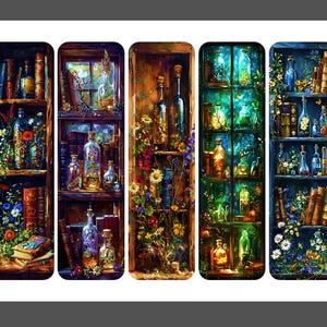 May include: A set of five vertical art prints depicting detailed bookshelves filled with bottles, books, and flowers. The color palette includes rich browns, blues, and greens, creating a whimsical and inviting atmosphere. Each print has a unique design.