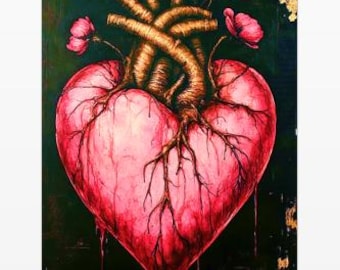 Puede incluir: Un corazón anatómico estilizado con raíces que crecen de él, rodeado de flores rosas. El corazón está pintado en tonos de rosa y rojo, sobre un fondo oscuro.