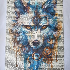 May include: A blue and orange wolf illustration with a steampunk aesthetic. The wolf's face is superimposed on a page of text from a dictionary. The text includes words like "flock", "flood", "floor", and "floret".