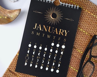 Moon Calendar 2026, Elegant Black and Faux Gold Lunar Phases Planner