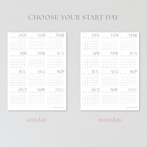 May include: Two printable calendar templates, one with a Sunday start and one with a Monday start. Each calendar features a grid layout with months labeled in gold and a light gray background.