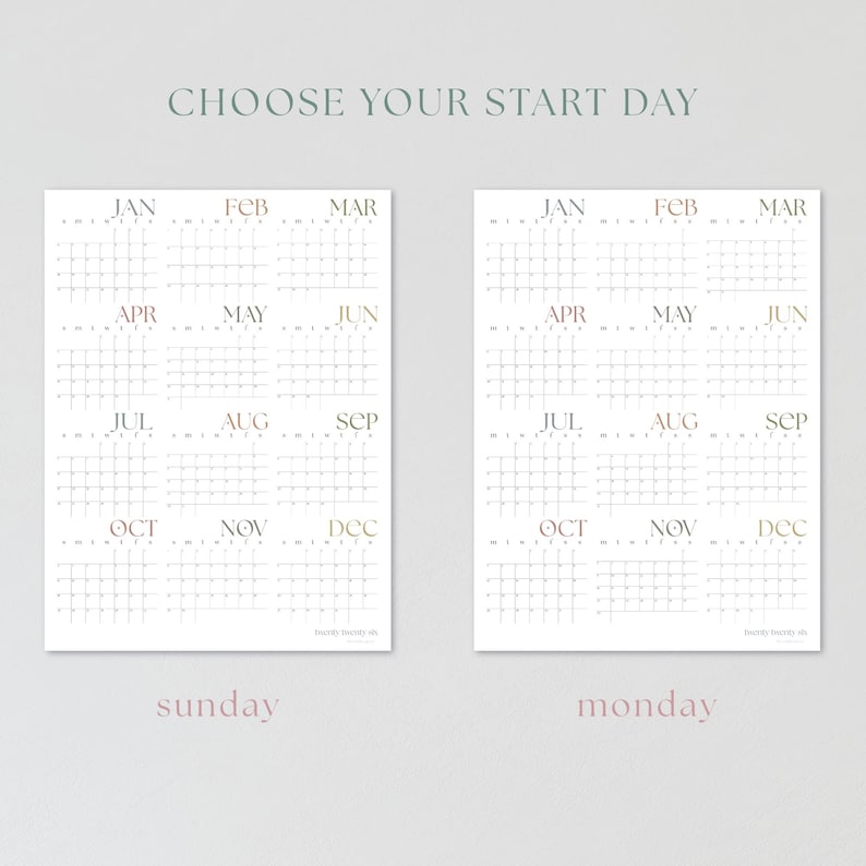 May include: Two printable calendar templates, one with a Sunday start and one with a Monday start. Each calendar features a grid layout with months labeled in gold and a light gray background.