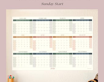 2026 Full Year Wall Calendar Printable |  Sunday Start PDF