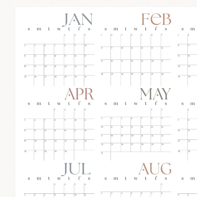 May include: A printable calendar with a simple design. The months are displayed in a grid format with the days of the week labeled at the top. The months are January, February, April, May, July, and August.