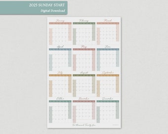 2025 Printable Calendar, Full Year Calendar Poster, Sunday Start