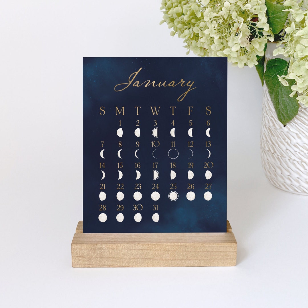 2024 Full Moon Desk Calendar With Wood Stand Lunar Calendar Etsy