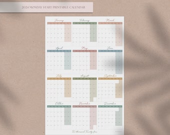 Calendario de pared grande imprimible, Planificador de pared Boho 2024, Inicio del lunes,