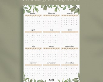 Calendario de pared imprimible 2024, Planificador de pared de arte botánico, Calendario digital de año completo,