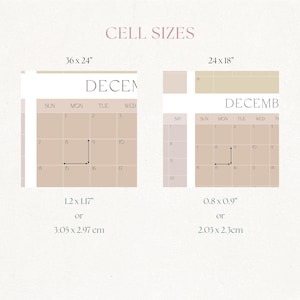 May include: A printable calendar template with two different sizes: 36 x 24 inches and 24 x 18 inches. The calendar is for December and shows the days of the week and the numbers for each day. The template includes a grid with cell sizes of 1.2 x 1.17 inches or 3.05 x 2.97 cm for the larger calendar and 0.8 x 0.9 inches or 2.03 x 2.3 cm for the smaller calendar.