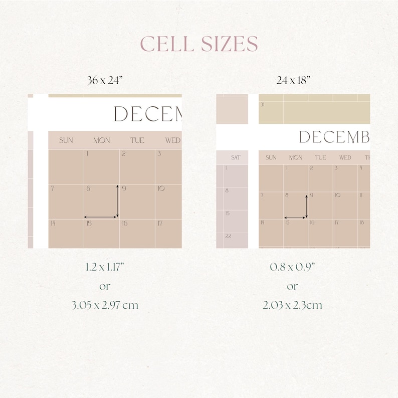 May include: A printable calendar template with two different sizes: 36 x 24 inches and 24 x 18 inches. The calendar is for December and shows the days of the week and the numbers for each day. The template includes a grid with cell sizes of 1.2 x 1.17 inches or 3.05 x 2.97 cm for the larger calendar and 0.8 x 0.9 inches or 2.03 x 2.3 cm for the smaller calendar.