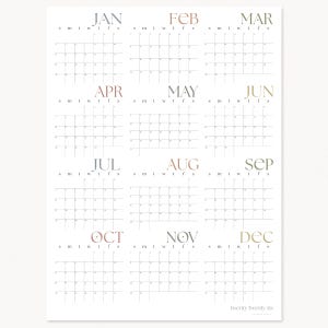 May include: A printable calendar for the year 2026. Each month is displayed in a separate box with the month name in a different color. The calendar is designed in a minimalist style with a simple grid layout.