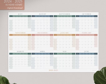 Calendario académico imprimible 2024-2025, calendario de pared grande, año escolar digital en jade,