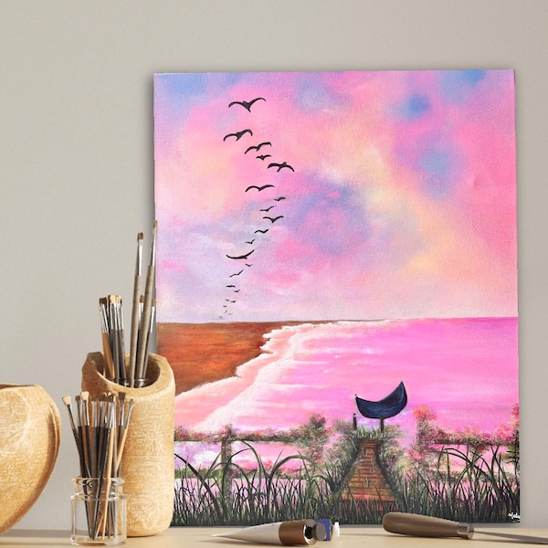 Peinture acrylique sur toile paysage rose  abandonné