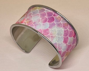 Bracelet manchette  ajustable acier inoxydable plaqué argent rose pailletée