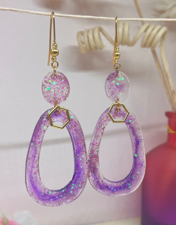 Boucles D'oreilles Originales Ovales - Résine Transparente Et Paillettes Multicolores