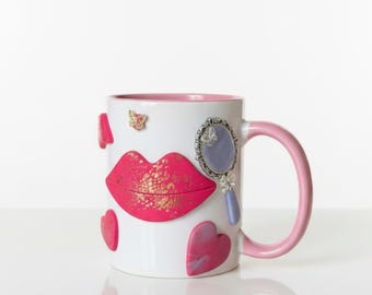 Mug maquillage- tasse lèvres pailletées, cadeau femme coquette, pot à pinceaux beauté, décoration coiffeuse - Mug pâte polymère