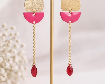 Boucles d’oreilles pendantes rose et doré, acier inoxydable et cristal, bijou fait main, design géométrique, chaîne fine, cadeau femme