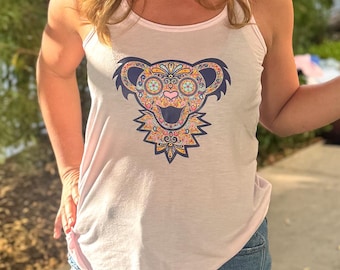 Grateful Dead Paisley Bear Tank Top – Women’s Flowy Racerback, Dancing Bear Shirt, Deadhead Festival Top, Licensed Apparel