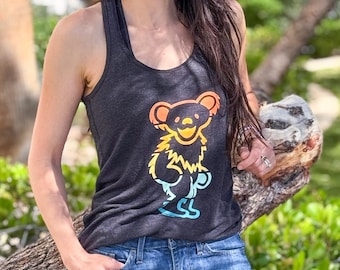 Grateful Dead Dancing Bear Tank Top – Retro Stripes Women’s Flowy Racerback, Festival Outfit, Deadhead Shirt