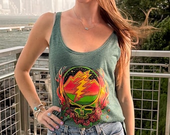 Grateful Dead Scarlet Fire Women's Tank Top, Steal Your Face Tank, Deadhead Tank, Hippie Racerback Tank