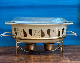 Vintage Mid-Century 1950s Pyrex Golden Hearts Casserole Dish with Double Candle Warmer 045