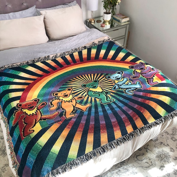 Coperta Grateful Dead Dancing Bears - Coperta da divano con arazzo orso arcobaleno, regalo Grateful Dead autorizzato, coperta da festival, coperta in cotone intrecciato