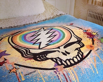 Grateful Dead Stealie Blanket – Rainbow Splatter Woven Throw, Cotton Music Blanket, Deadhead Gift, Couch Decor, Licensed