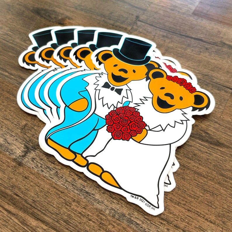 Grateful Dead Wedding Bears Sticker – Dancing Bear Bride Groom Decal, Deadhead Wedding Gift, Vinyl Laptop Water Bottle Sticker