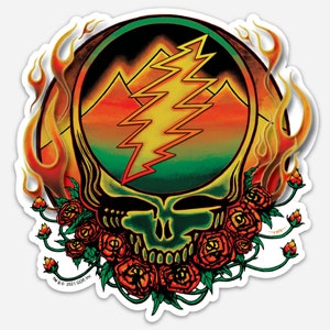 May include: A colorful sticker featuring a psychedelic skull with a lightning bolt and mountains in the background. The skull is surrounded by red roses and flames.